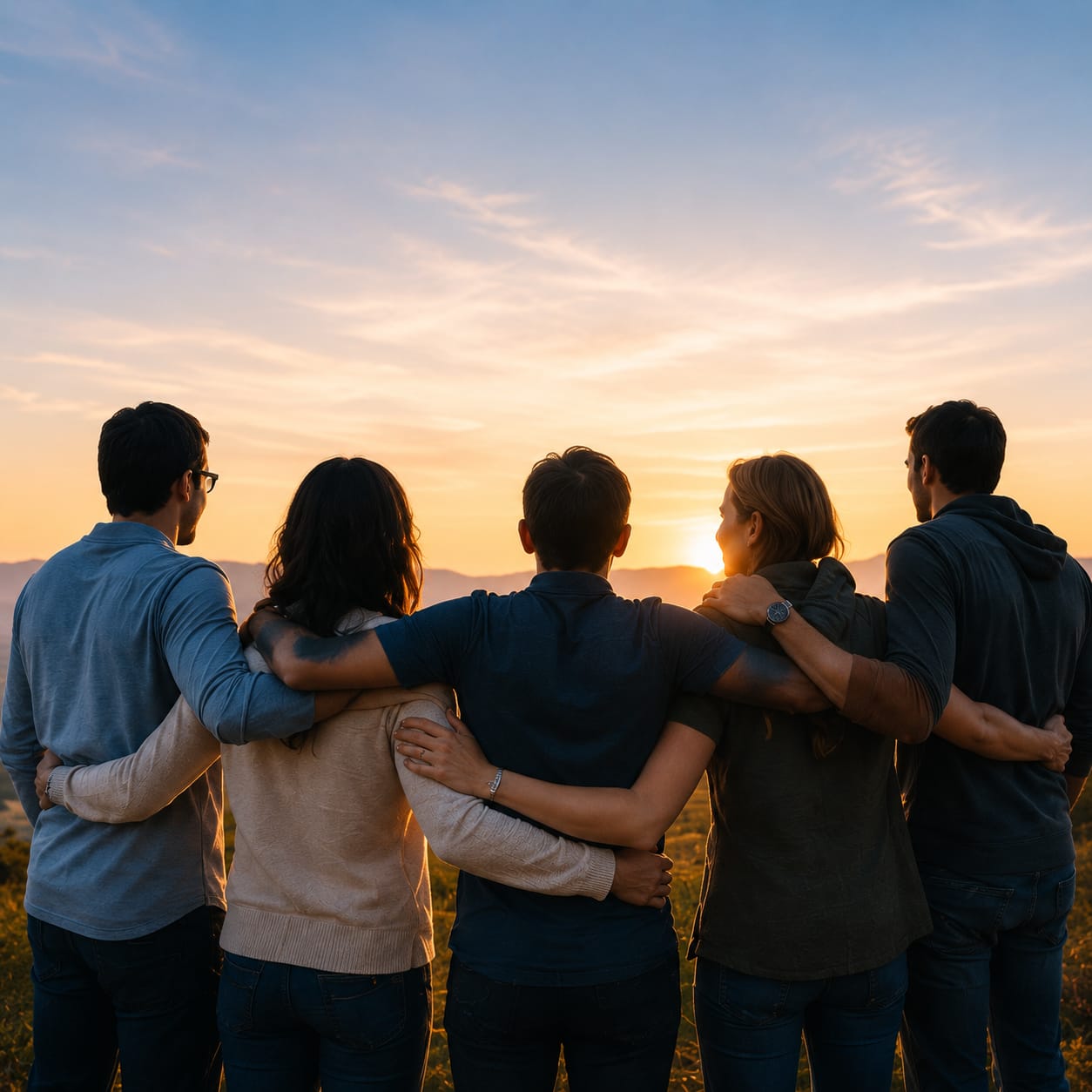 Grupo mirando el atardecer, de espaldas